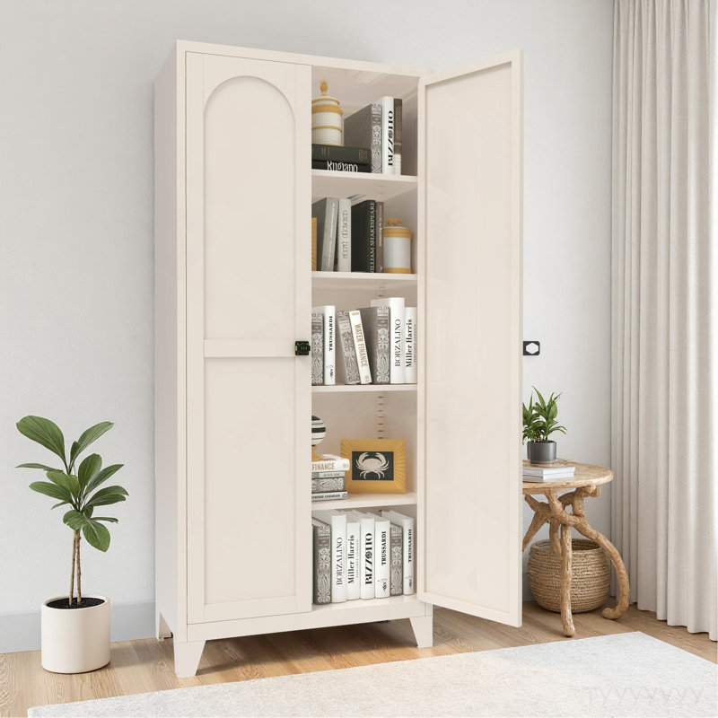 71'' 2 Shapely Door Cabinet With Lock, Metal Storage Cabinet With Doors And Adjustable Shelves, For Kitchen, Bedroom, Living Room(Beige)