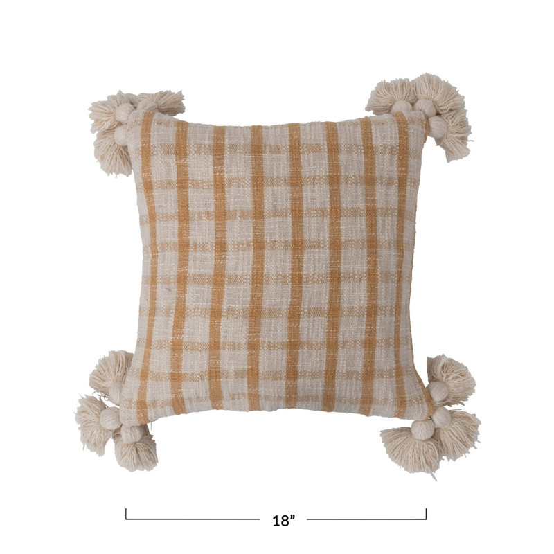 Mustard and Cream Plaid Cotton Pillow with Tassels