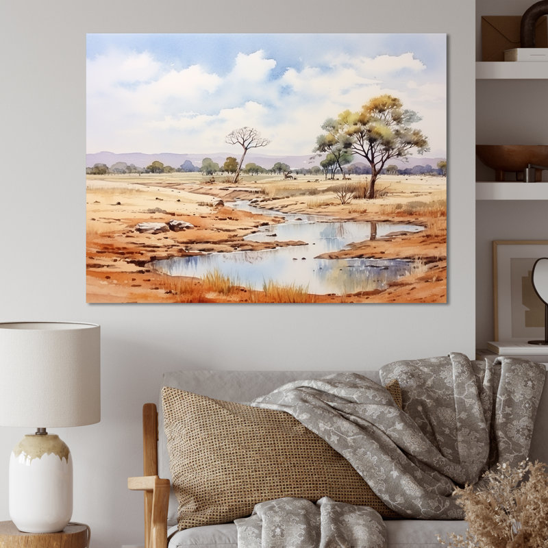 Beige, safari africain, paysage II, art mural Afrique, Toile tendue, H 16 po x l 32 po x P 1 po