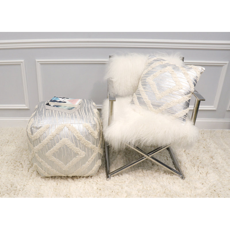 Grandcanyon Cotton Shaggy Pouf, Ivory/Silver, Silver/Ivory