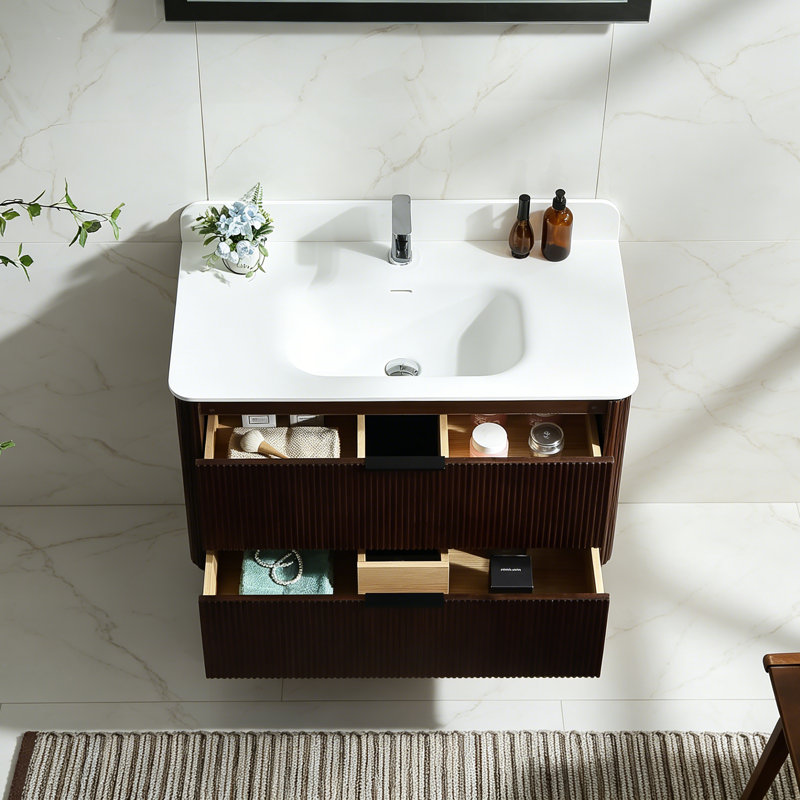 Meuble-lavabo flottant cannelé moderne 36 po avec lavabo en acrylique intégré et tiroirs à fermeture en douceur, Noyer, 36"