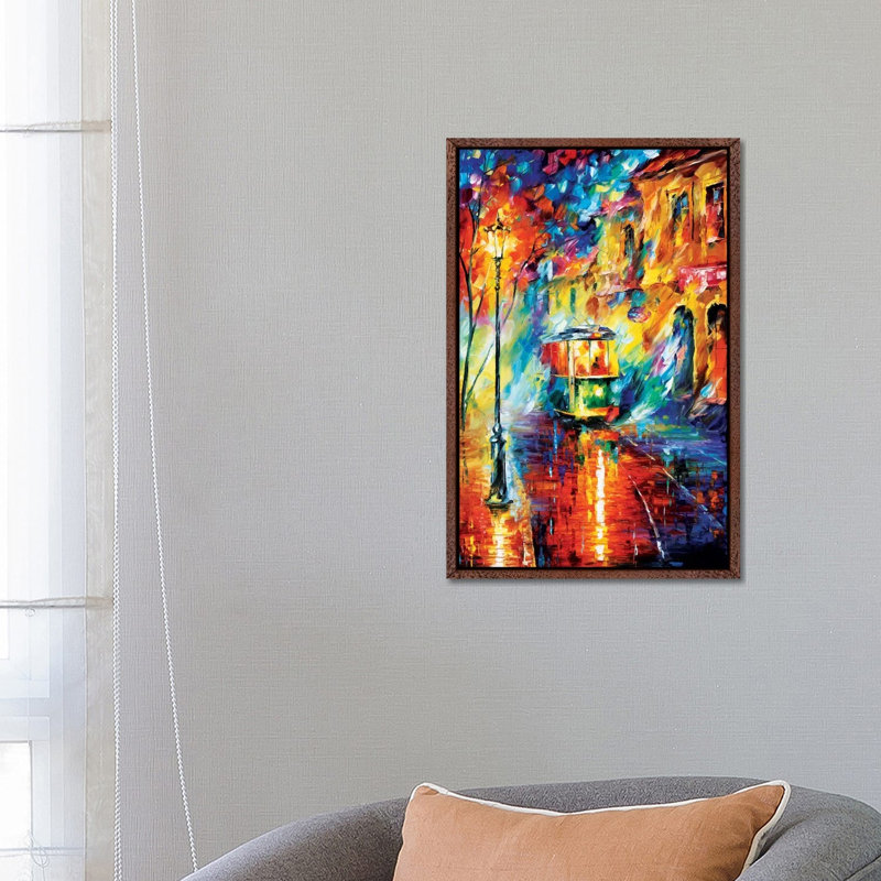 Night Trolley by Leonid Afremov - Painting on Canvas, 66.04 cm H x 45.72 cm W, Classic Brown Wood Framed Canvas