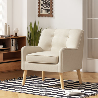 Fauteuil de style Mid-Century moderne - Chaise d'appoint en tissu touffeté avec pieds en bois massif pour le salon, la chambre à coucher et le bureau - Revêtement en polyester confortable - Bouton classique - Dossier capitonné et conception effilée