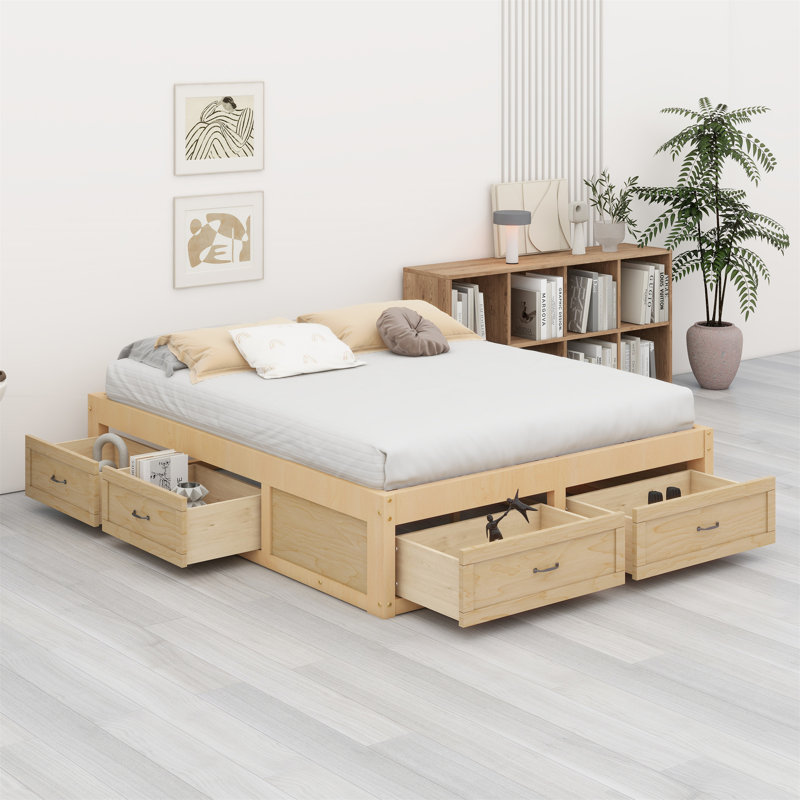 Platform Bed With 6 Storage Drawers, Antique Natural