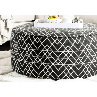 Ronde contemporaine de style contemporain noir avec garniture de passepoil et motif géométrique, L 39 po x l 39 po H 18 po, tissu en bois massif, 1 pièce seulement, garniture d'assemblage nécessaire, revêtement de motif, profondeur de 39 po