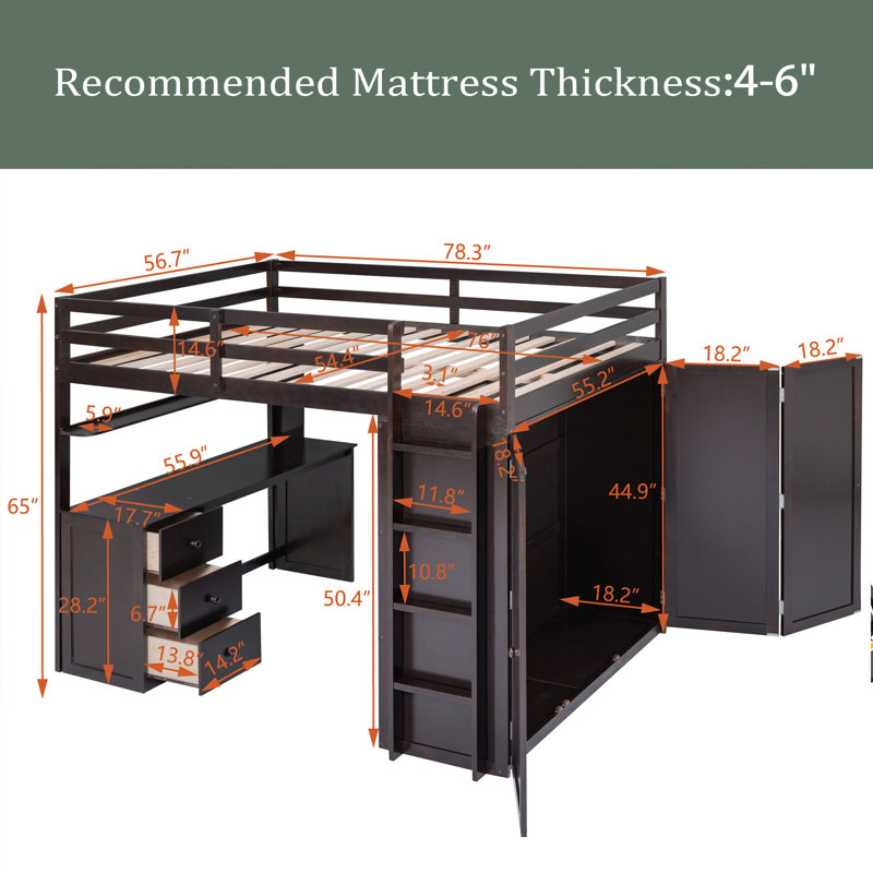 Granvel Kids Full Loft Bed with Drawers, Espresso