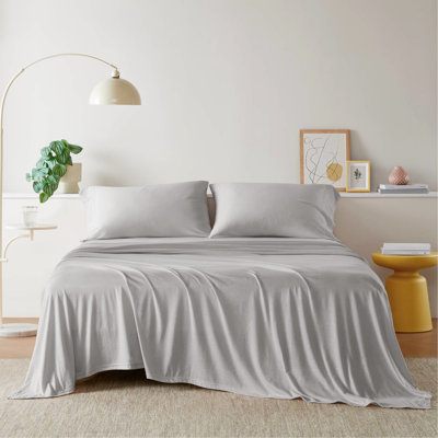 Drap gris 3 pièces toutes saisons gris en tricot de coton, doux comme un t-shirt familier, absorbant lors des vagues de chaleur estivales, des hivers froids et chauds, 1 plat, ajusté, taie d'oreiller votre été, hiver,