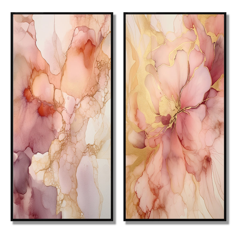«Pink Luminous Liquids», 2 pièces sur toile, H 40 po x l 40 po, Cadre noir
