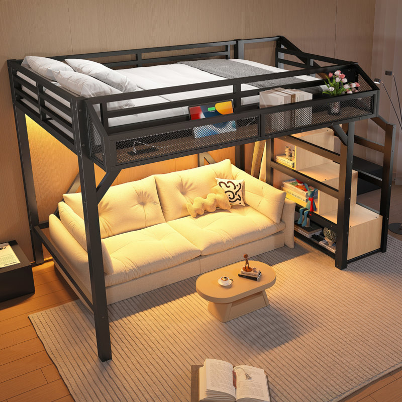 Lit mezzanine simple avec escalier de rangement, tablettes et garde-robe intégrée, cadre de lit mezzanine en métal avec ports USB et lumières DEL, conception à bruit réduit, noir
