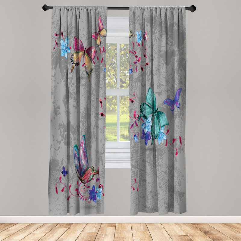 Microfiber Floral Semi-Sheer Rod Pocket Curtain Panels, 28" W x 63" L, Gray/Turquoise/Purple