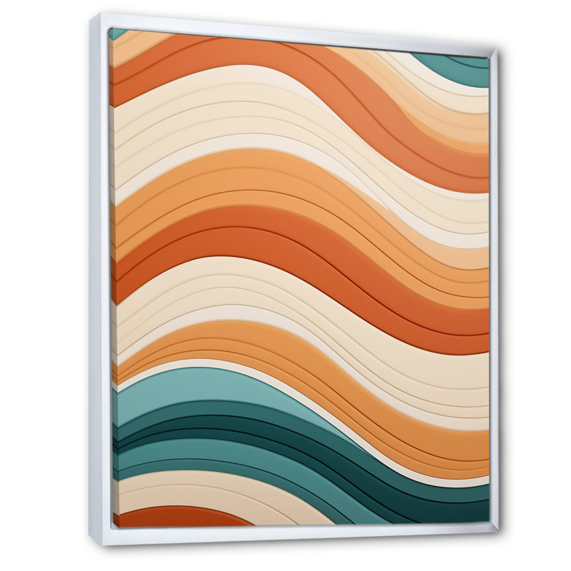 Waves of Retro Elegance in Blue and Orange - Modern Midcentury, reproduction d'art sur toile, Cadre flottant blanc