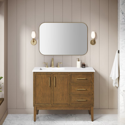 OVE Decors Kira 42 In. Single Sink Freestanding Warm Walnut Bathroom Vanity With White Engineered Stone Top And Brushed Gold Hardware