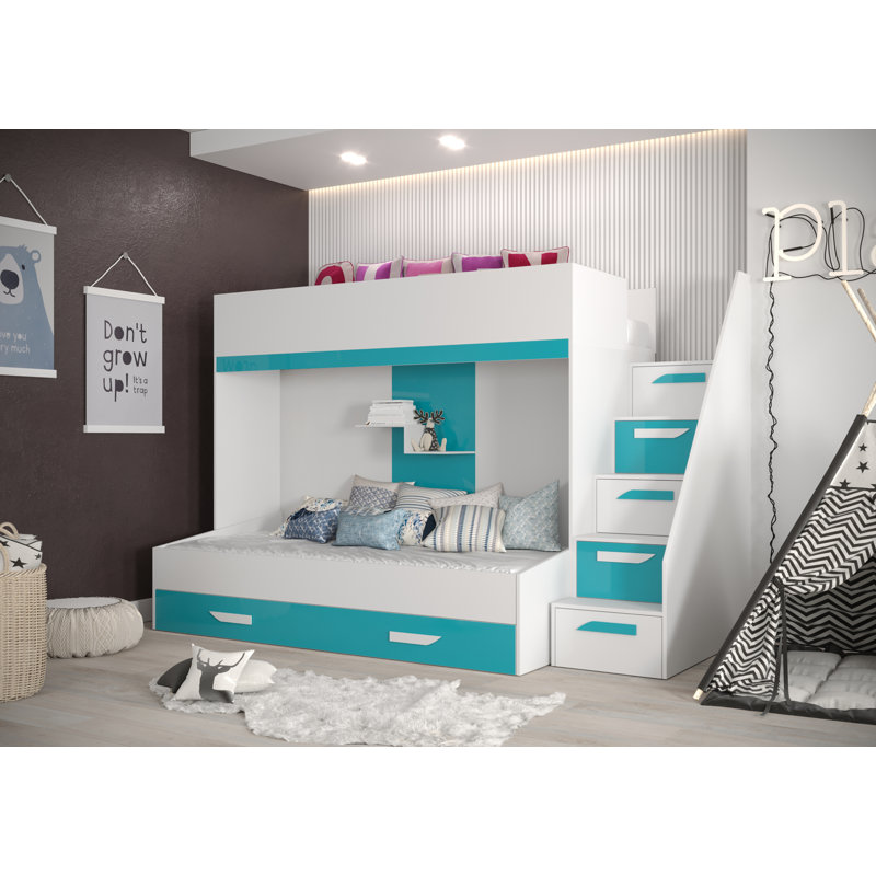 European Single (90 X 200 Cm) Loft Bed Panel with Storage Included, White/Turquoise