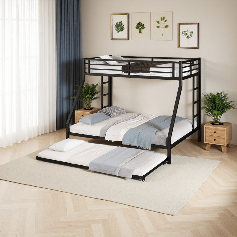Metal Bunk Bed With Trundle, Black, Twin XL Over Queen