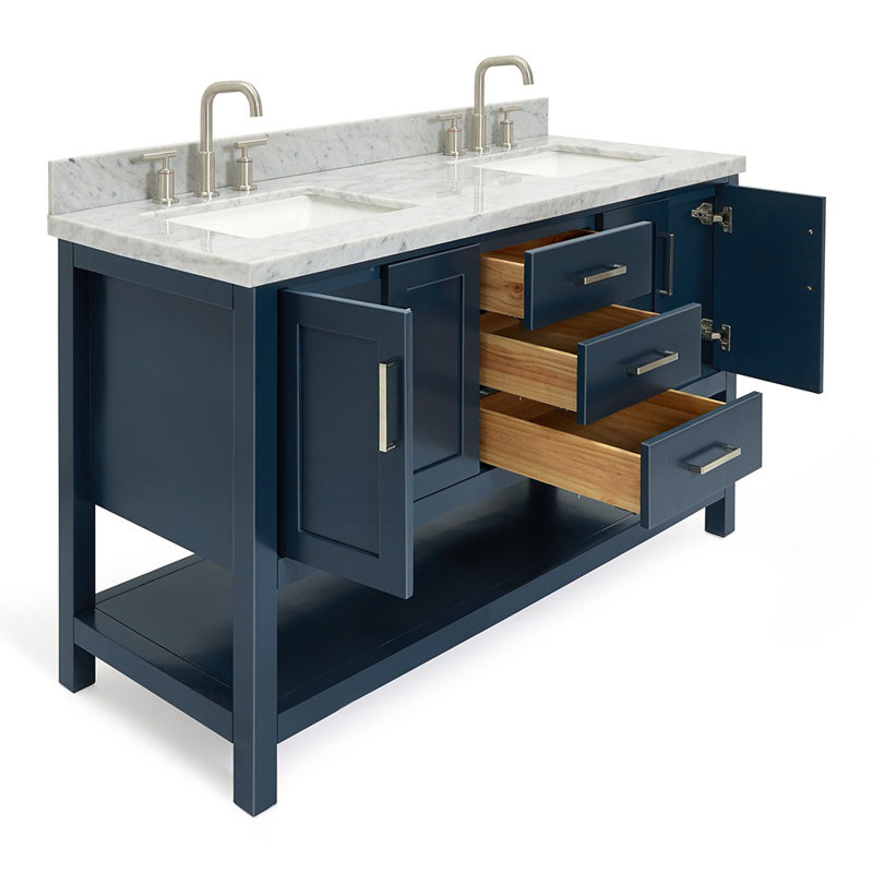 Magnolia Bath Vanity Oval Basin, Midnight Blue, Carrara White Marble, Rectangle 