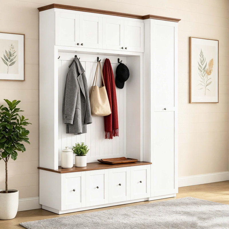 Farmhouse 5-in-1 Entryway Hall Tree with Storage Bench, Coat Rack, Cabinets, Drawers and Hooks for Mudroom, White