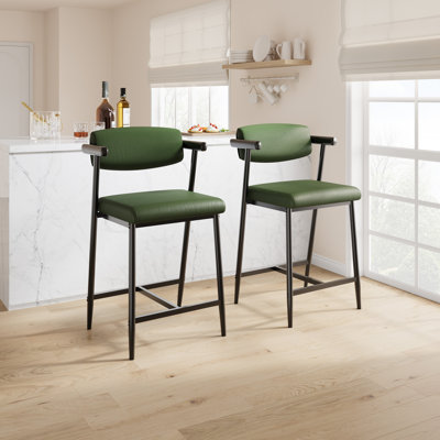  Ensemble de 2 tabourets de bar modernes en cuir souple vert foncé rembourrés à hauteur de comptoir, chaises d'îlot de cuisine robustes en métal avec dossier ergonomique et repose-pieds pour le bar et la salle à manger