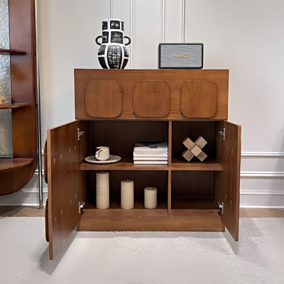 Armoire d'appoint autoportante de 34,5 pouces au fini noyer, pré-assemblée sans assemblage, buffet rétro à bulles avec tiroirs et armoire de rangement, commode en bois de style Mid-Century pour vestibule de salon de chambre à coucher
