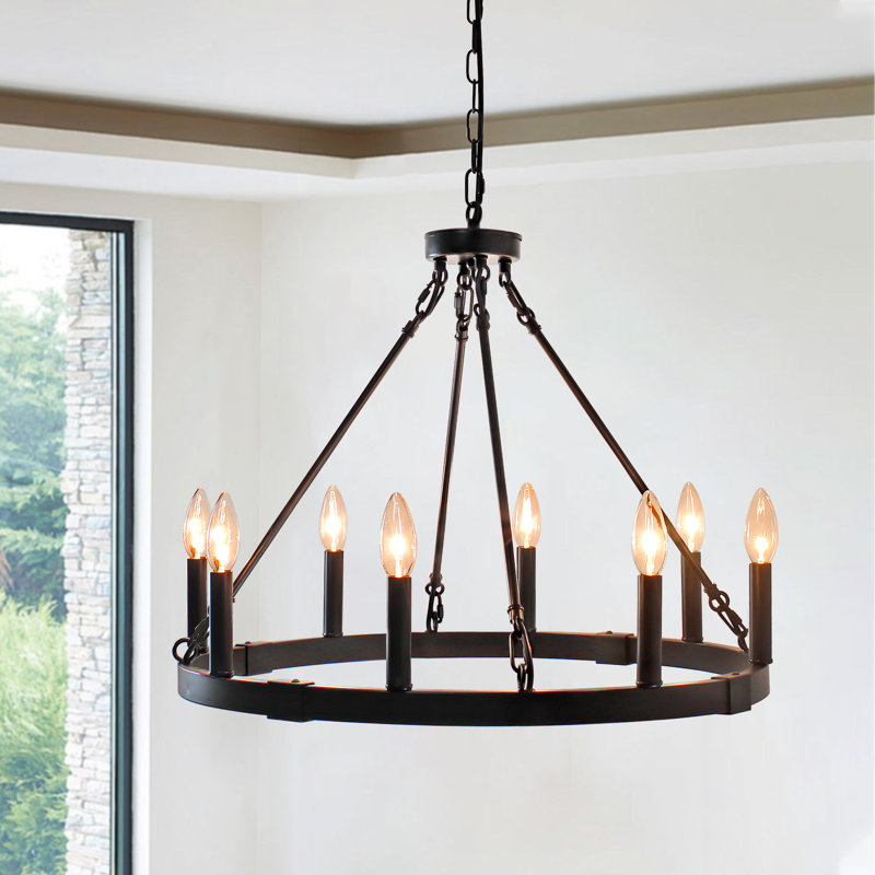 Lustre en roue de chariot noir 8 lumières Farmhouse avec base E12