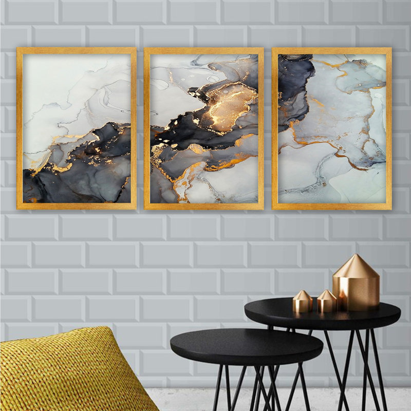 Ensemble de 3 peintures sur bois encadrées, Cadre brun