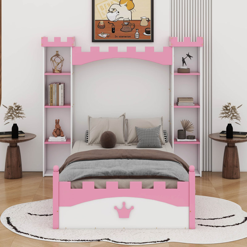 Lit plateforme en bois de style château avec tablette de rangement, lit simple Dreamy, Blanc / Rose