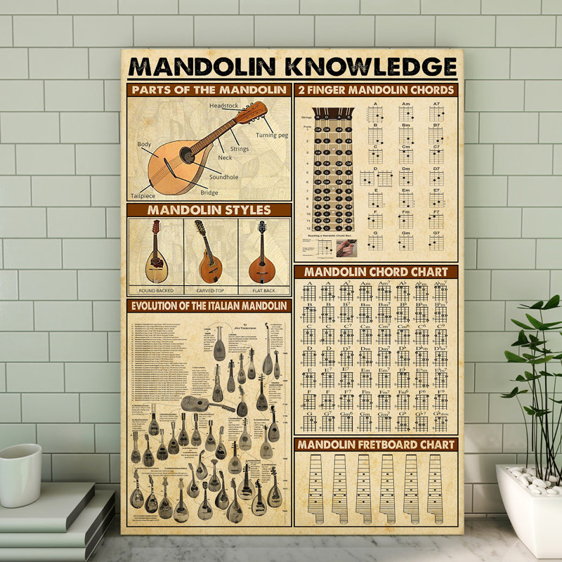 Mandoline, savoir-faire tendu sur toile tendue - Illustration musicale instrument noir et brun, H 20 po x l 16 po x P 2 po