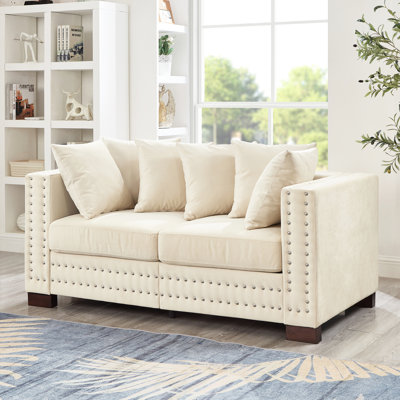 Velours rembourré de conception moderne abricot, accoudoir carré avec clous argentés, structure en bois massif, siège confortable à ressorts et en mousse, housses de coussin amovibles, décoration de clous pour accoudoirs de rangement,