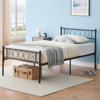 Lit en métal avec tête et pied de lit, plateforme de 12 po, support en lattes d'acier, rangement sous le lit, noir
