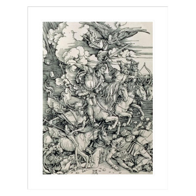 Les quatre cavaliers de l'Apocalypse, la mort, la famine, la peste et la guerre de l'Apocalypse ou «The Revelations of St. John the Divine» par Albrecht Dürer