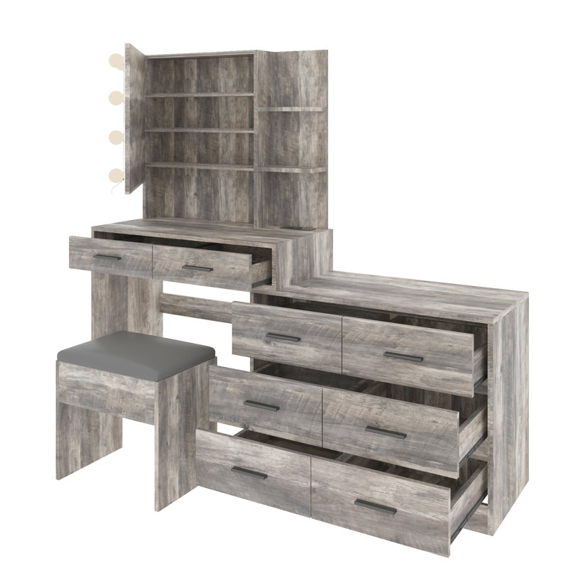 Makeup Vanity Set with Lights, USB & Power Outlet and 8 Drawers, Gray