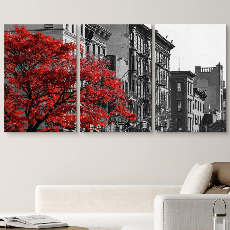 Arbre rouge dans les bâtiments de la scène de rue de New York, décor moderne en noir et blanc, Toile tendue