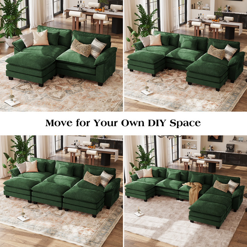 Canapé modulaire en forme de U l 120 po Brazell avec siège profond, canapé Cloud avec trois repose-pieds et coussins amovibles - vert