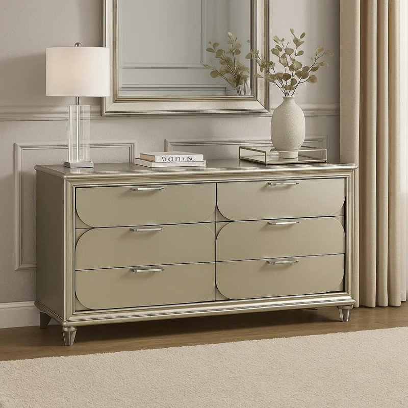 Commode large 6 tiroirs Zema, bois massif argenté avec détails en acrylique
