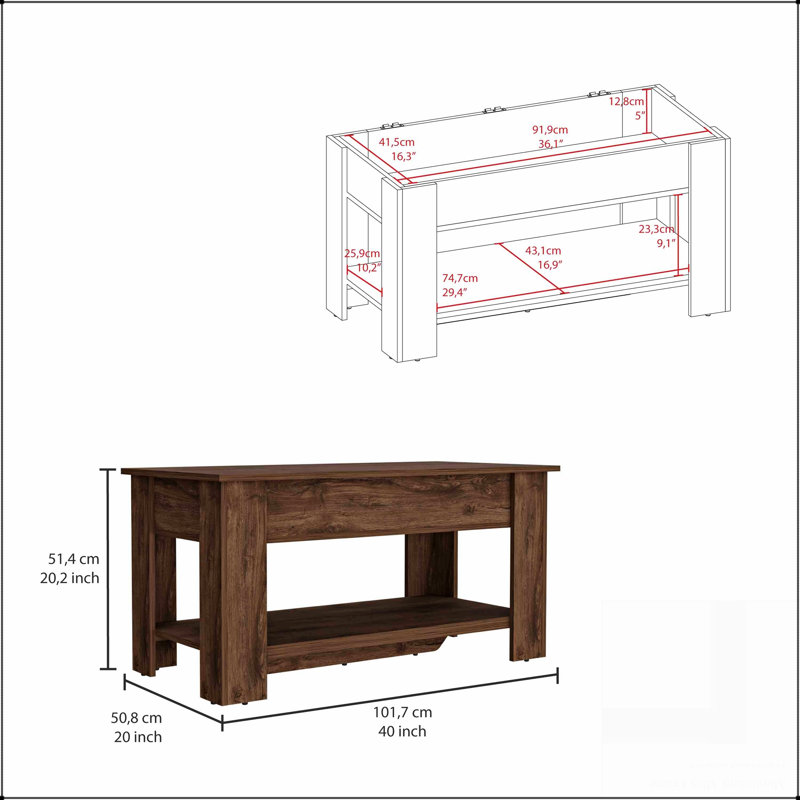 Austin Storage Table, One Extendable Table Shelf, Four Legs, Lower Shelf
