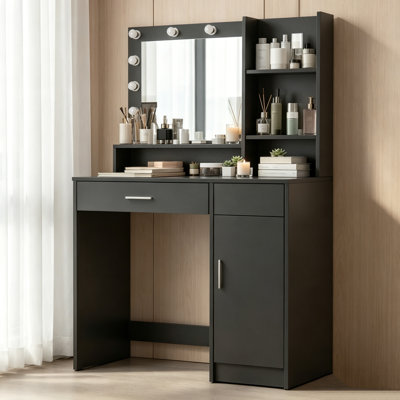  Vanity Desk with Adjustable LED Lights and Mirror, 12 Bulbs with 3 Color Modes, Large Drawer and 3鈥慣ier Storage, Dressing Table for Bedroom, Black