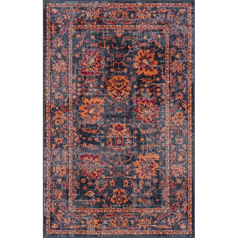 Tapis noir à motif floral, Rectangle 5 pi 3 po x 8 pi