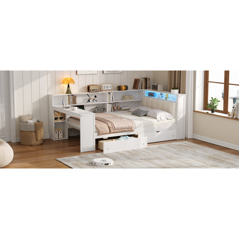 Marquece Full Size Platform Bed With Integrated LED Lighting, Charging Station, Desk, And Upholstered Headboard, White