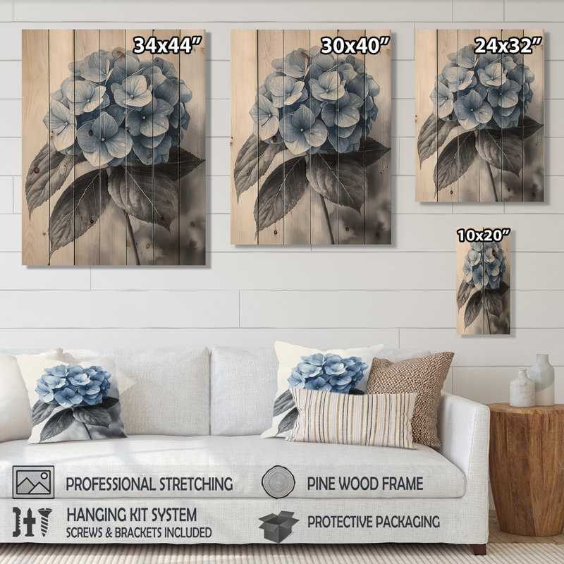 Hortensia dans un jardin monochrome I - décoration murale en bois d'hortensia - sur bois de pin naturel