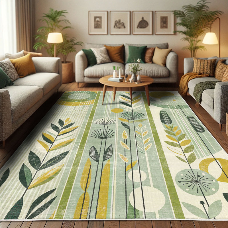 Mint Green and Mustard Floral Mid Century Modern Area Rug