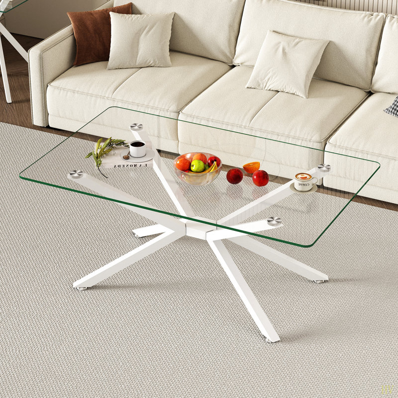 Table basse de 39,37 po en verre transparent rectangulaire, design élégant avec pieds en métal, table basse de salon, Blanc