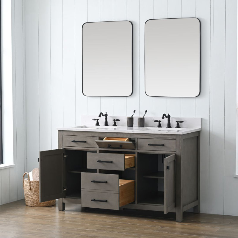 Ensemble de meuble-lavabo double 54 po Ajiya, Gris texturé / noir mat, Blanc de Carrare