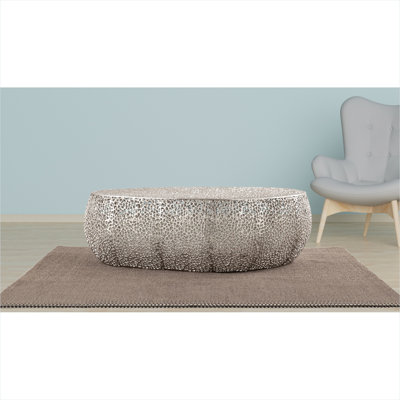 Silver-tone aluminum oval coffee table for modern contemporary living rooms, 29L x 51W x 16H inches