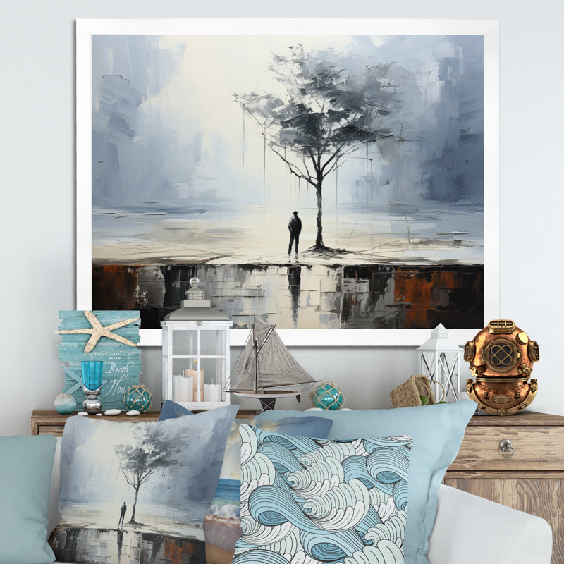" Coastal Minimalism Solitude I ", White Picture Framed, 34" H x 44" W x 1.5" D