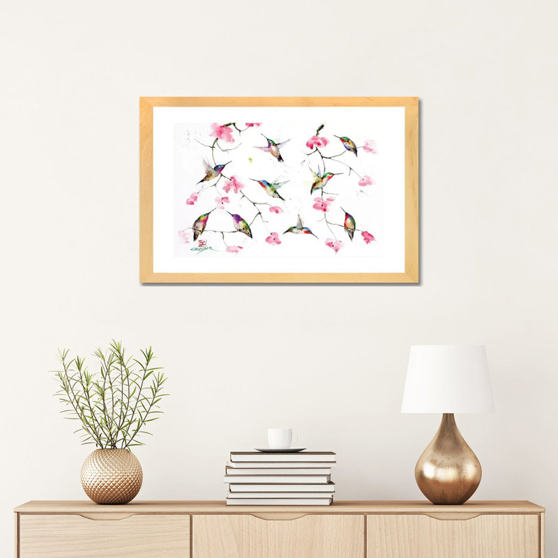 Rassemblement de colibris par Dean Crouser, reproduction d’art, H 16 po x l 24 po x P 1 po, Toile avec cadre en bois beige
