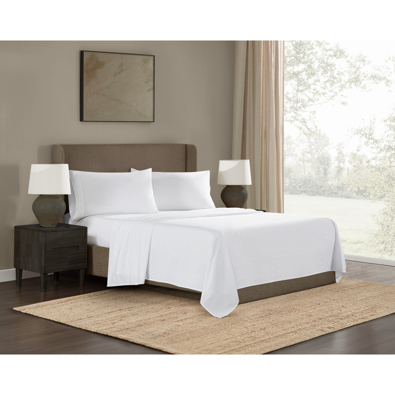 Ensemble de draps Frye, Ensemble de draps pour grand lit avec 2 taies d'or, Blanc