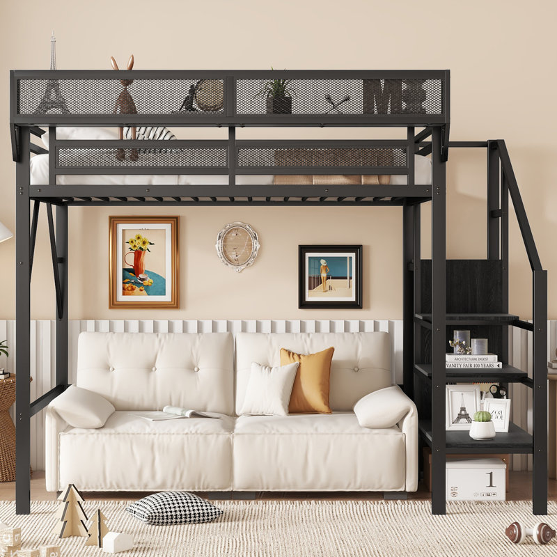 Twin Metal Loft Bed with Stair Storage & Wardrobe, Space-Saving Black, Twin, Black