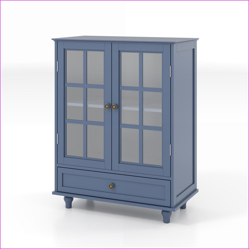 Armoires avec portes doubles en verre, tiroir et amp; Tablettes réglables | Buffet en bois aggloméré bleu moderne moderne | Pieds en bois massif