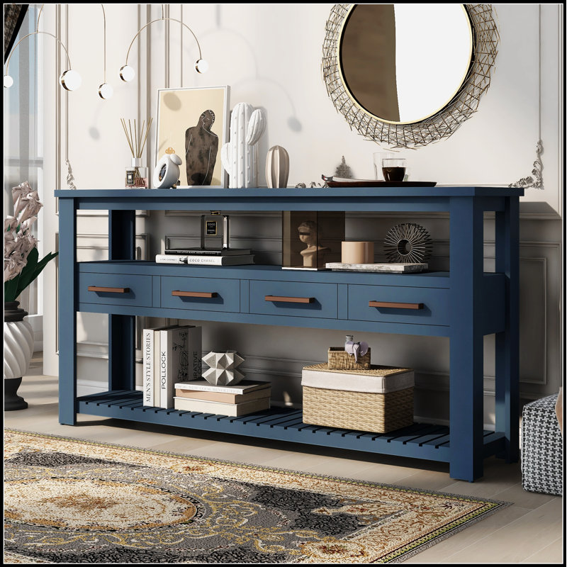 Table console moderne avec 4 tiroirs et 2 tablettes, parfaite pour les salons organisés et élégants