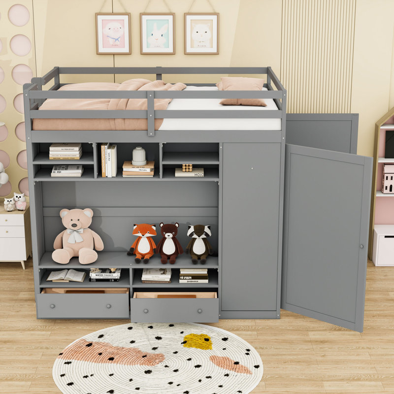 Lit mezzanine en bois avec garde-robe, tablettes, éclairage et 2 tiroirs, gris