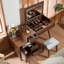 Bureau de coiffeuse 3 en 1 avec miroir basculant éclairé et armoire réglable, coiffeuse à maquillage avec tabouret-977429947